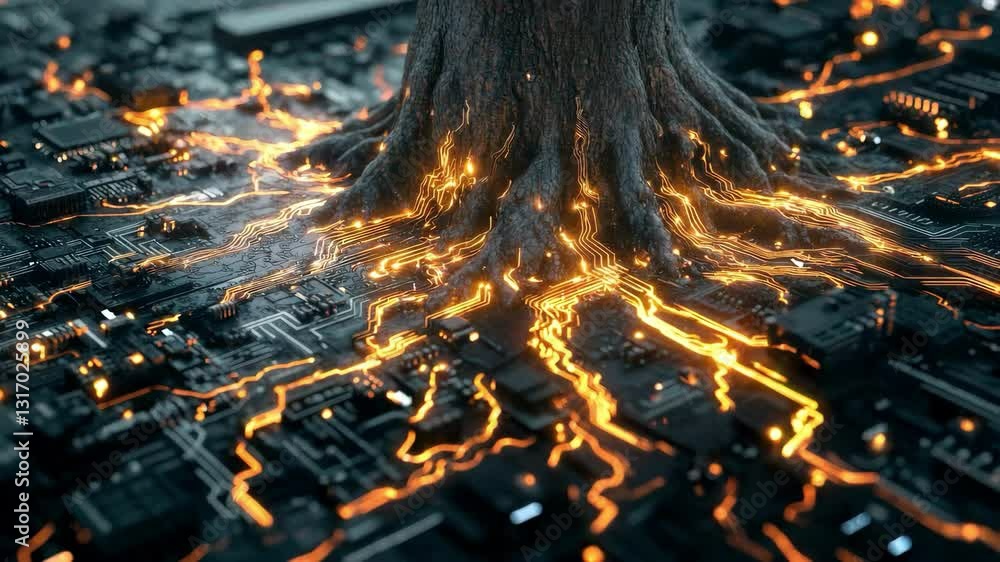 Poster Tree with glowing roots on electronic circuit board, nature and technology concept