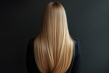 Naklejka premium A person with long, straight blond hair stands with their back turned, showcasing the hair's shine