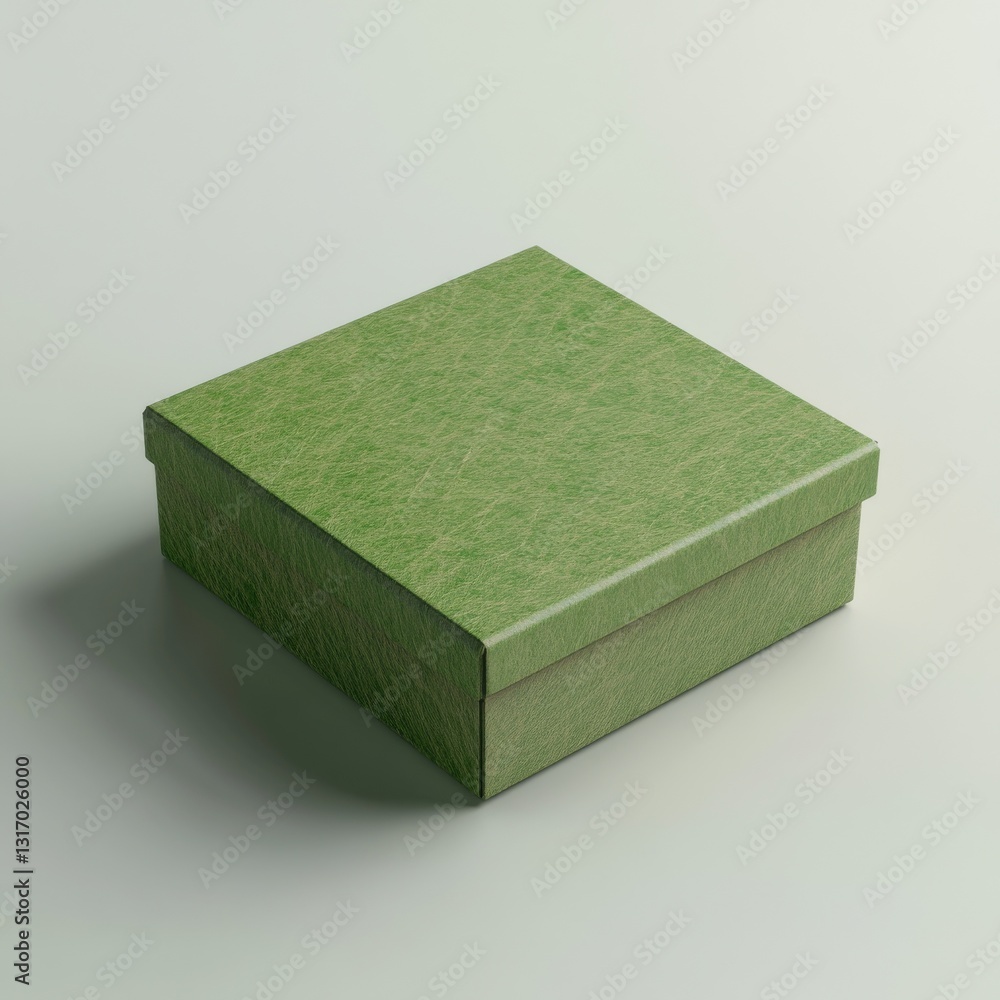 Poster elevated isometric view of a stylish square green textured box on a clean, minimalist light gray bac