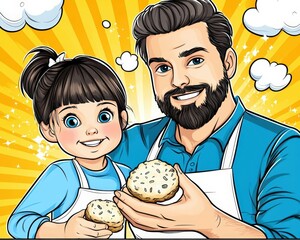 Line drawing of a father and child baking cookies together, Father's Day concept, playful and warm lines, focus on love and teamwork, monochrome
