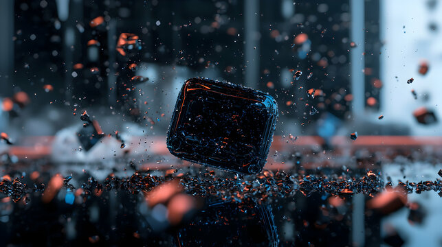 A square object is breaking apart in mid air creating debris