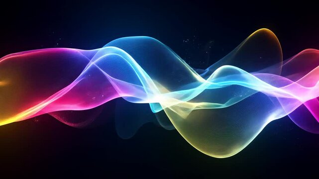 Vibrant light waves swirling, forming dynamic abstract patterns against deep darkness