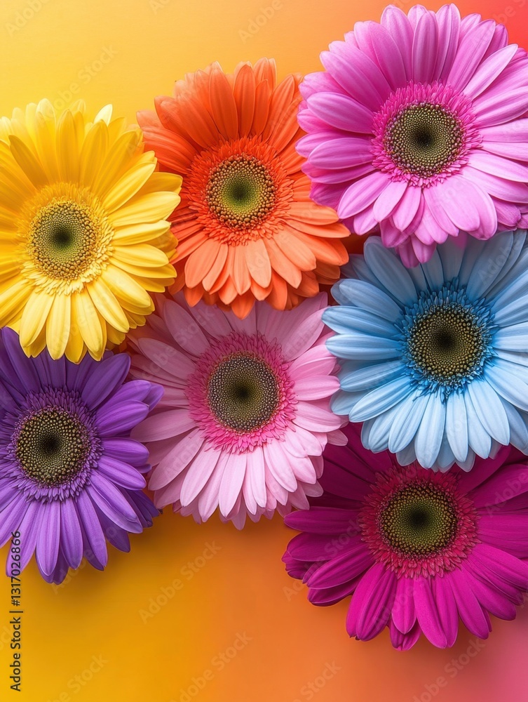 Poster vibrant gerbera daisies in a spectrum of colors against a warm gradient background creating a cheerf