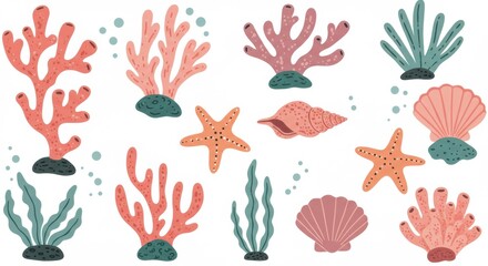 Obraz premium Colorful coral reef illustration, diverse sea life, vibrant underwater ecosystem, hand-drawn style, pastel colors, seashells, starfish, seaweed, coral branches, marine biology
