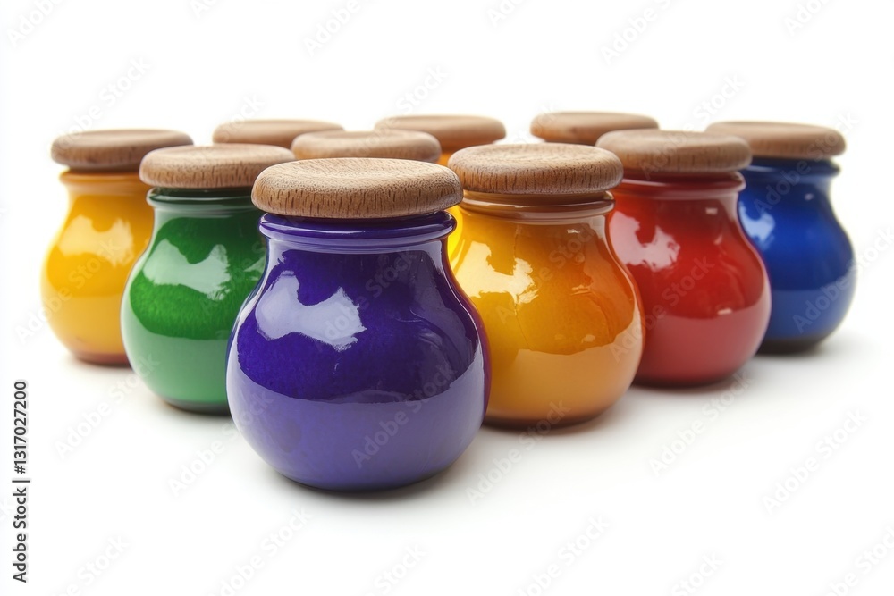 Poster collection of colorful ceramic jars with wooden lids on a white background in studio light vibrant h