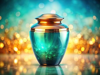Glossy pet cremation, amber & cyan bokeh effect.
