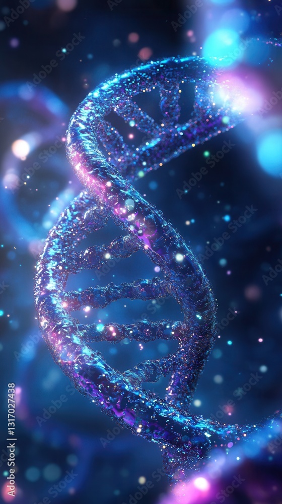 Poster dna double helix rotating in a microscopic environment with glowing particles