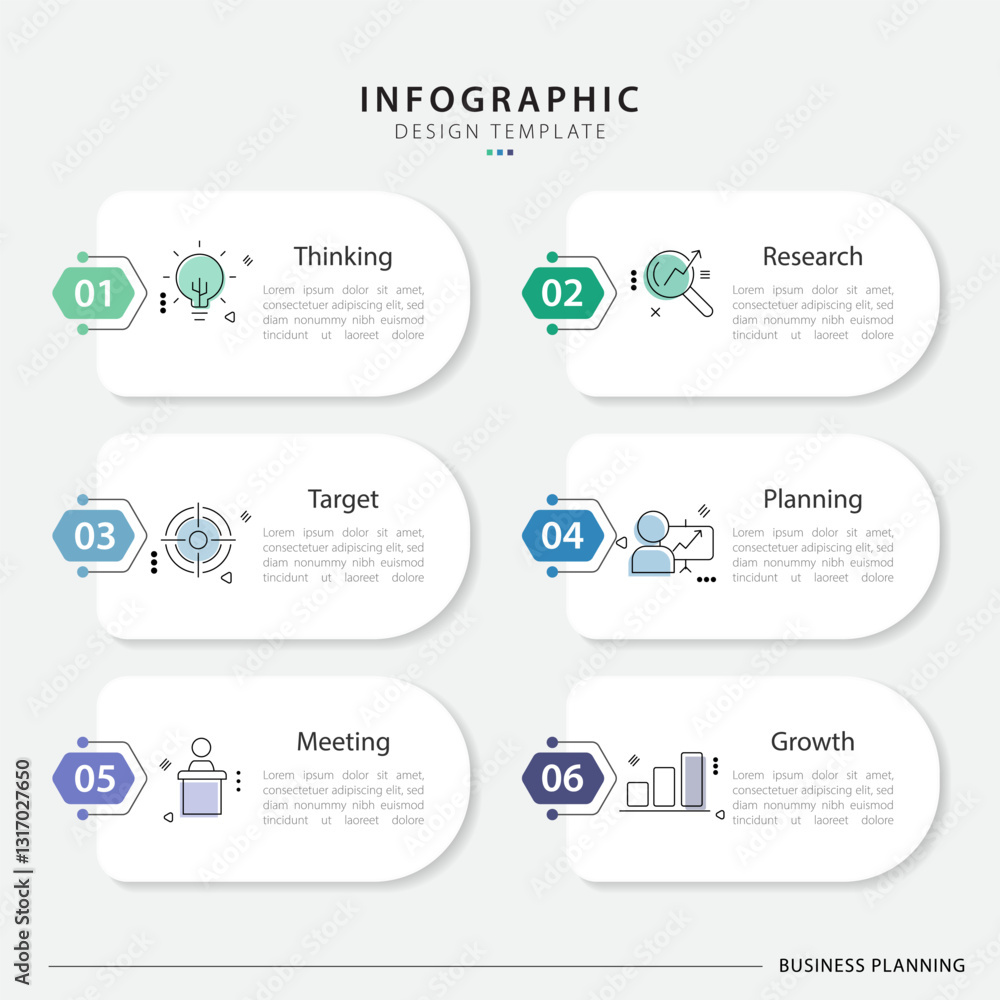 Aufkleber Infographic template. 6 Step timeline journey, Flat simple infographics design template. presentation graph. Business concept with numbers 6 options or steps vector illustration.