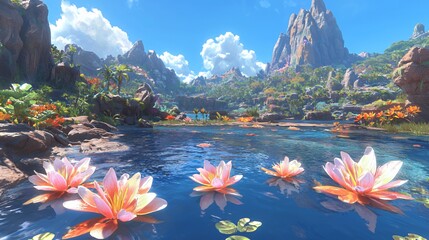 Vibrant Tropical Landscape with Water Lilies and Mountains