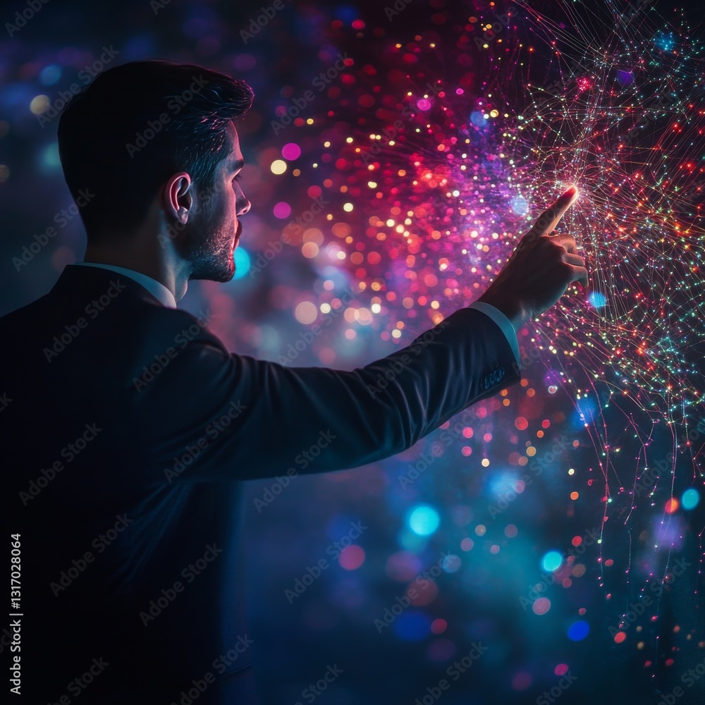 Poster Harnessing Innovation: A Businessman Interacting with a Connected Digital Network of Light and Information