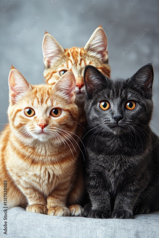 Poster three adorable kittens posing together in a studio setting with soft lighting and a neutral gray bac