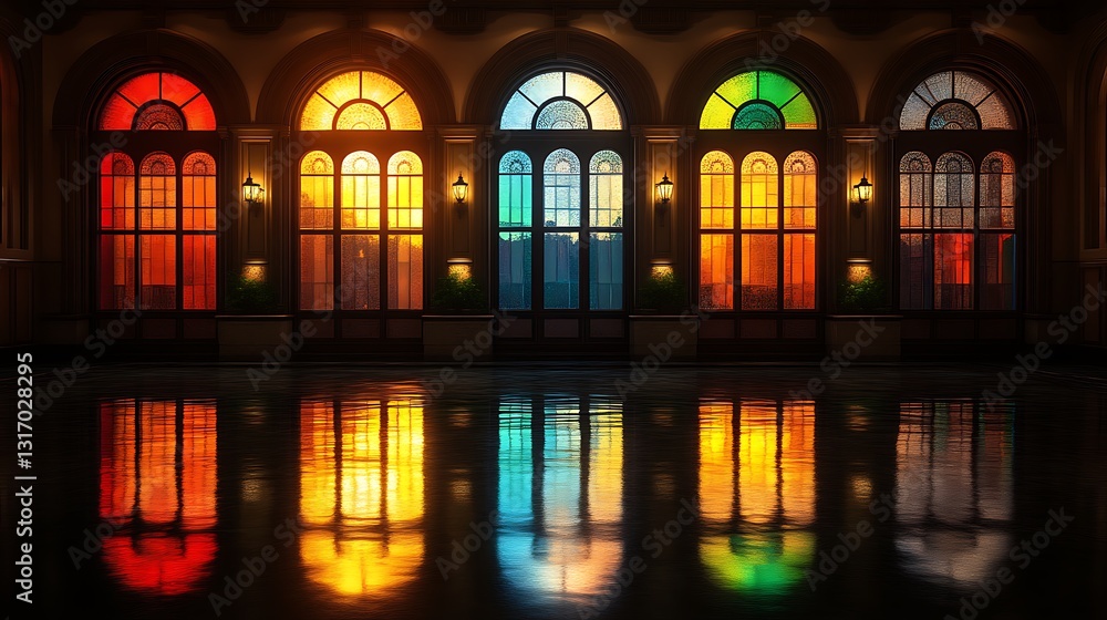 Poster colorful arched windows with reflections on a dark floor create a unique visual