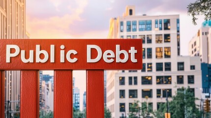 Obraz premium Debt Public Crisis Concept, Stunning Cityscape Featuring Eye-Catching Red Bar Graphs and Public Debt Sign Against Urban Background