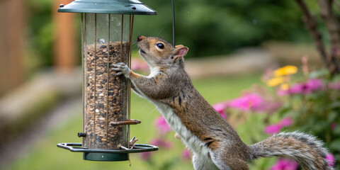 squirrel climbs bird feeder filled with seeds in vibrant garden, showcasing its agility