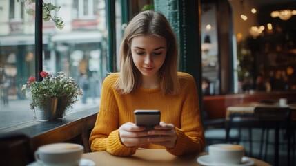 Young Woman Using Mobile Payment App in Cafe Setting