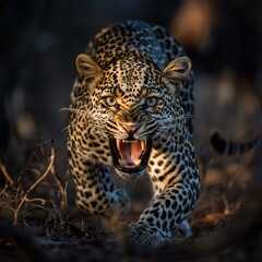 Obraz premium Leopard's Roar: A striking portrait of a snarling leopard, showcasing its raw power and intense gaze in a natural habitat.