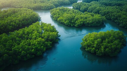 Aerial View of Dense Green Mangrove Forest with Clean Lines Capturing Carbon Dioxide