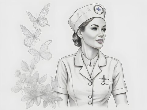 International nurse day greeting card with hand drawn sketch nurse illustration on gray background