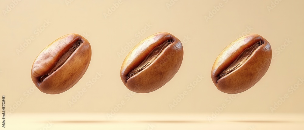 Poster three coffee beans floating in a row on a light brown background with soft lighting and a clean mini