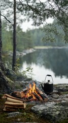 Tranquil Lakeside Campfire Scene with Kettle and Stacked Wood Under Pine Branches in Misty Forest