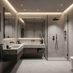 Modern bathroom, double vanity. Walk-in shower, recessed lighting, minimalist design, gray tile.