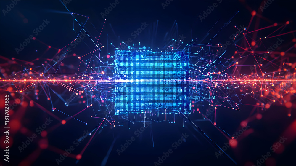 Aufkleber 3d render abstract futuristic glowing blue data grid on dark background with red particles and light