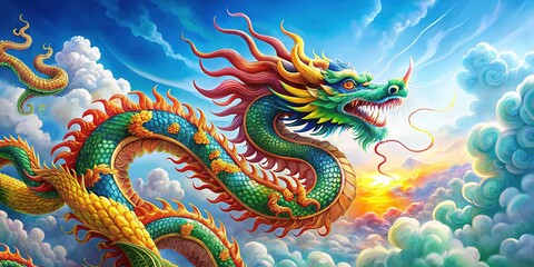 Detailed dragon painting, right focus, blank space provided.
