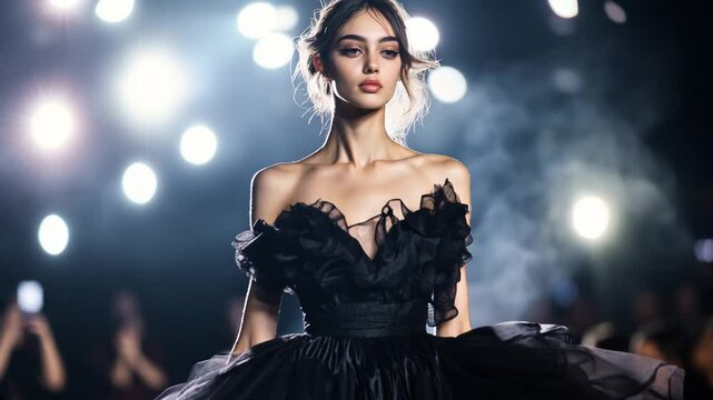 Elegant female model striding purposefully on catwalk, donning sophisticated black evening gown under intense stage lighting at high-end fashion event