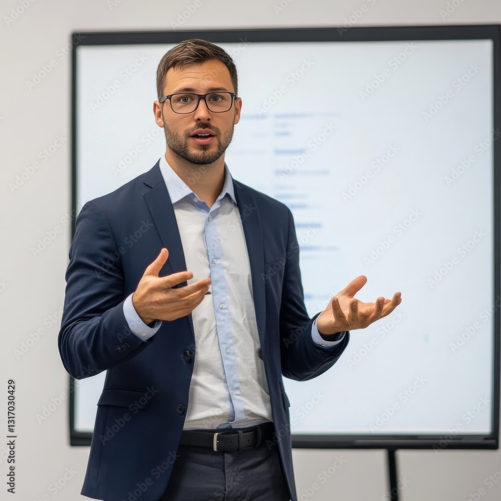 Poster professional man explaining presentation in front of interactive whiteboard, offering insights and e