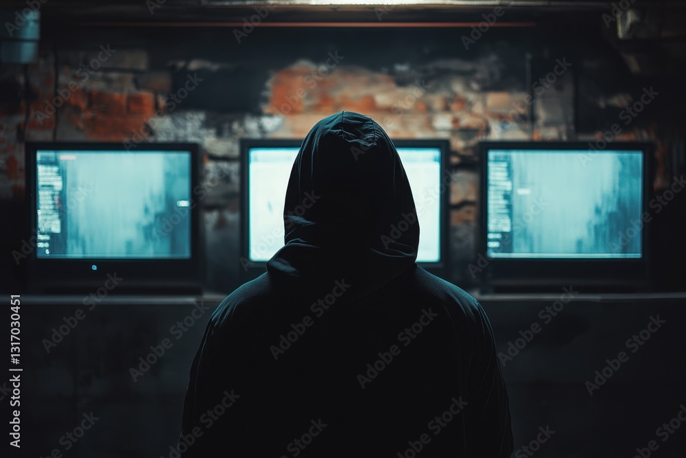 Poster hacker with a hoodie in a cellar .a man in a hoodie stands before three televisions, each displaying