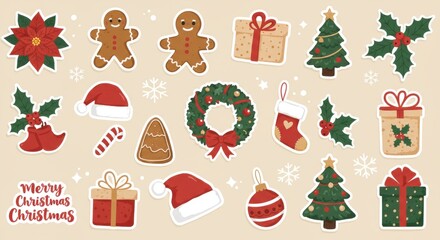 Christmas stickers, festive icons, cute holiday designs, poinsettia, gingerbread cookie, Christmas tree, Santa hat, wreath, candy cane, ornaments, presents, stockings, holly