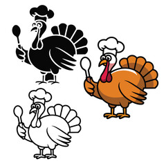 set of turkey, cooked turkey vector illustration outline coloring page silhouettes	