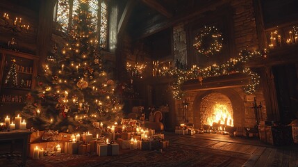 Obraz premium Christmas Tree, Gifts, Fireplace, Medieval Hall