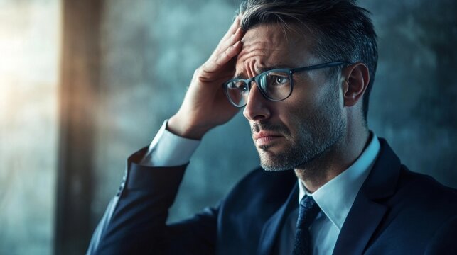 Businessman Deep in Thought Scratches Head in Reflective Moment