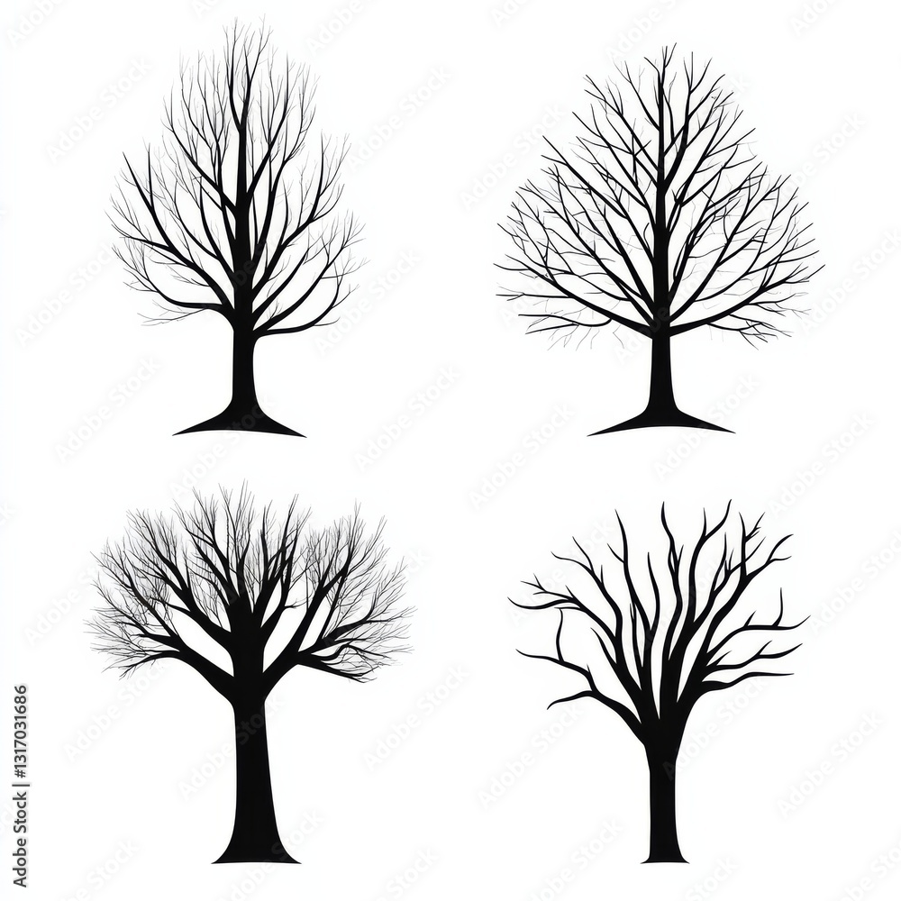 Poster silhouetted trees: minimalist illustration of four trees with bare branches on a clean white backgro