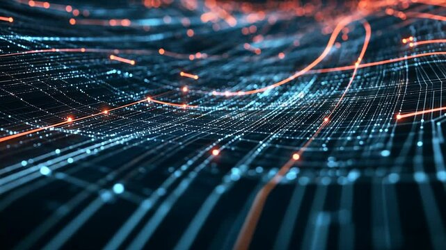Digital Network Data Stream Visualization with Interconnected Nodes and Flowing Information