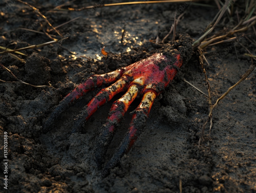 Poster root vegetable with a unique shape and vibrant colors in the soil under warm light with a low angle 