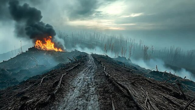 A devastated deforested landscape with smoke and fire rising in the distance. Concept of environmental destruction, deforestation, and climate crisis.
Keywords: