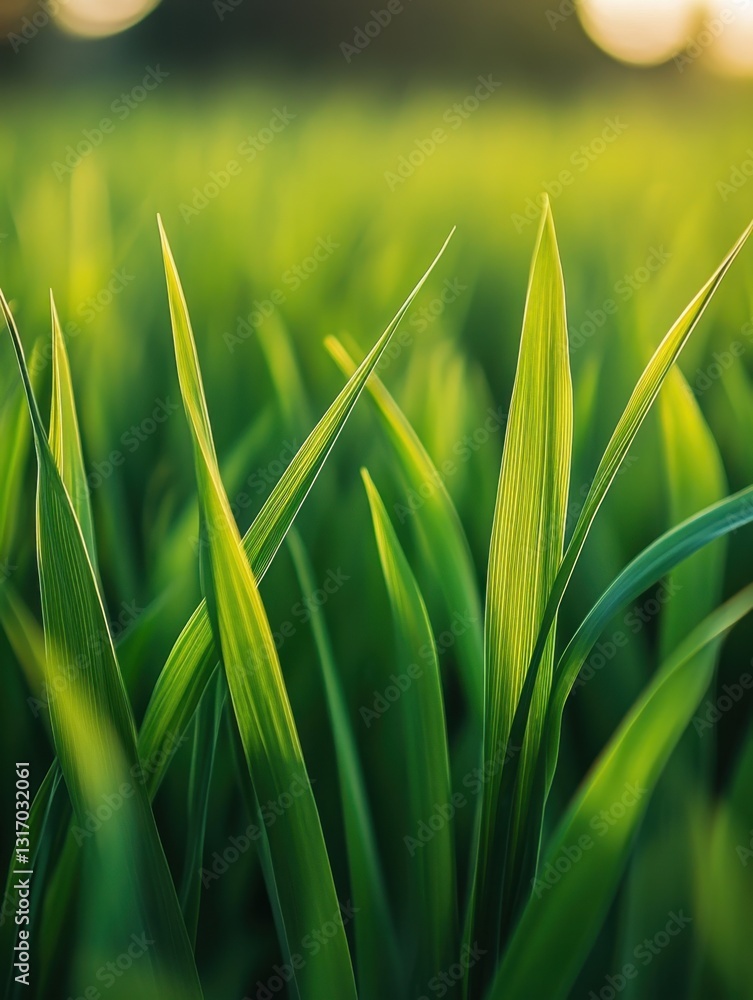 Poster lush green grass blades in a field bathed in soft sunlight creating a serene and vibrant nature scen