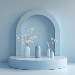 Light blue minimalist scene with vases and flowers