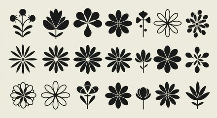 Simple black flower icons, minimalist floral designs, geometric petals, monochrome graphic elements, repeating pattern, symmetrical shapes, retro style flower