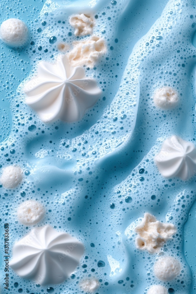 Poster serene blue liquid surface with delicate white meringue swirls and bubbles creating a soothing and r