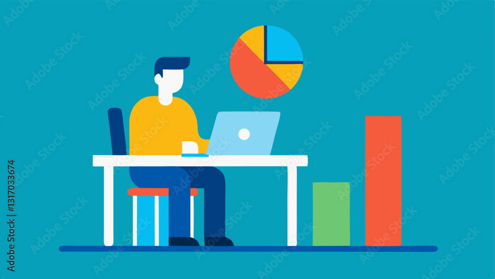 Poster laptop and chart an illustration of a consultant sitting at a desk with a laptop analyzing a colorfu