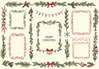 Christmas frames, hand-drawn style, festive borders, pine branches, holly leaves, ornaments, string lights, bells, snowflakes, delicate lines, red and green color scheme, vintage holiday