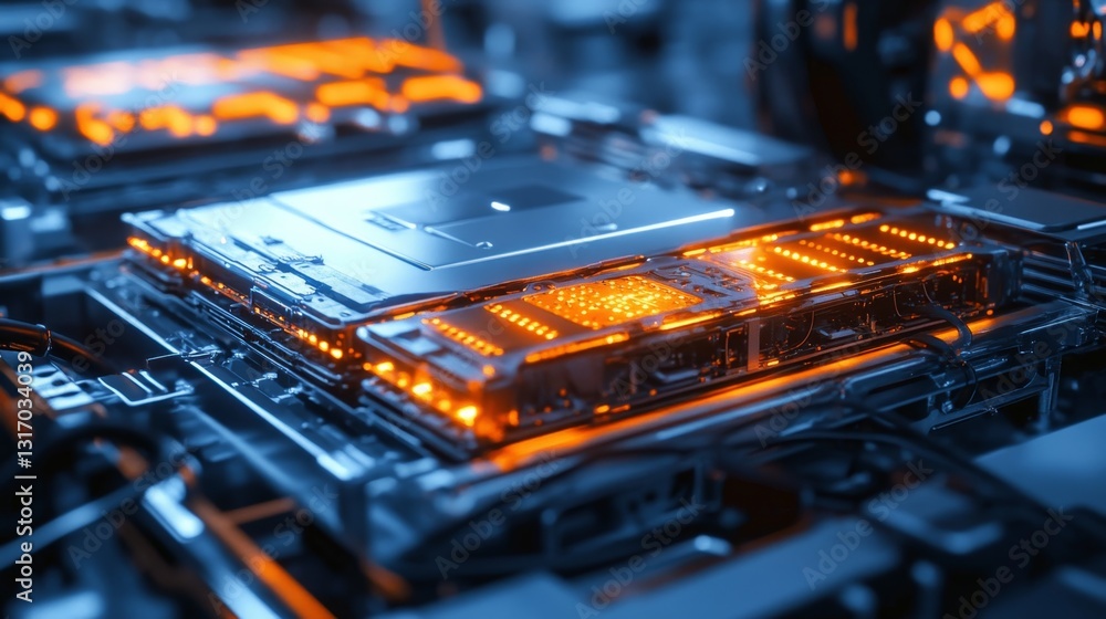 Poster close-up view of prototype solid state battery technology in detail
