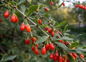 Obraz premium Glowing goji berries cluster on branch nature scene fresh produce green environment close-up view vibrant red color for seo impact
