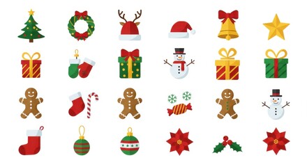 Christmas icons, festive elements, flat design, colorful holiday symbols, vector illustrations, Christmas tree, reindeer, star, bell, Santa hat, wreath, snowman, gifts