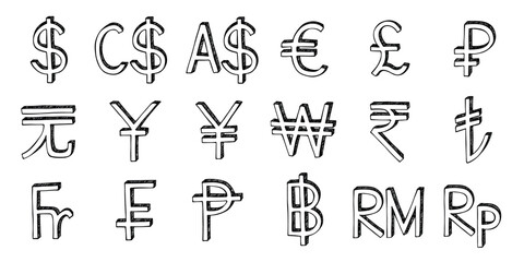 Hand drawn currency symbol set Dollar euro pound ruble yuan yen won rupee lira franc peseta baht ringgit rupiah