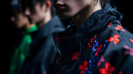 Close up view of fashion jacket and blurred figures