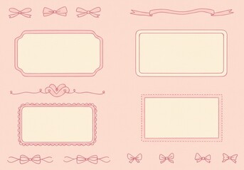 Vintage decorative frames, pink ribbon borders, delicate line art, minimalist design, pastel background, soft color palette, hand-drawn style, symmetrical patterns, elegant